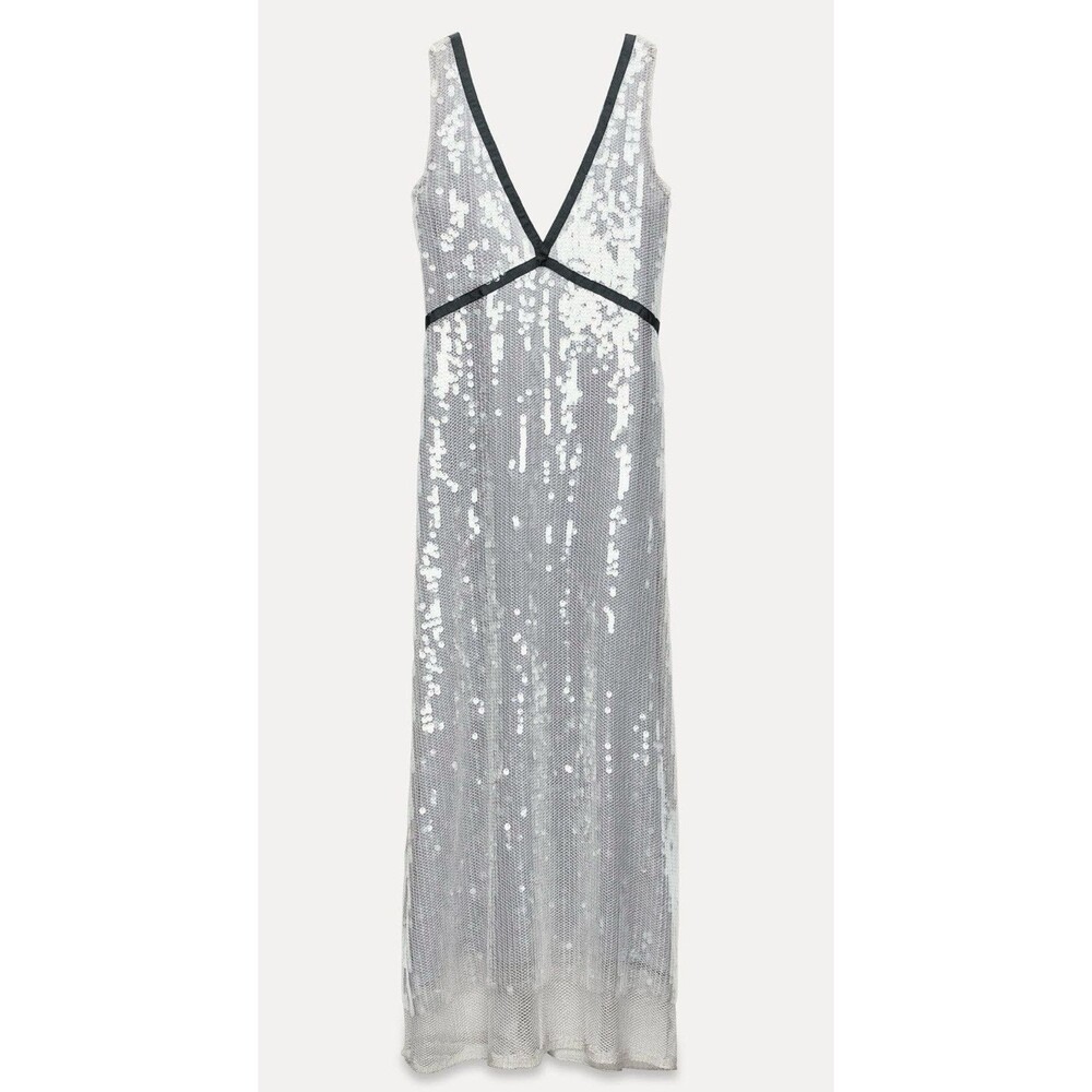 ZARA WOMEN SEQUIN MESH DRESS BODYSUIT V-NECK SIZE SMALL SILVER 9001/173